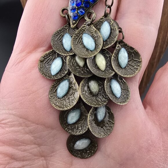 Peacock Pendant Necklace With Bronze Chain & Blue Rhinestones 24" - Picture 5 of 7